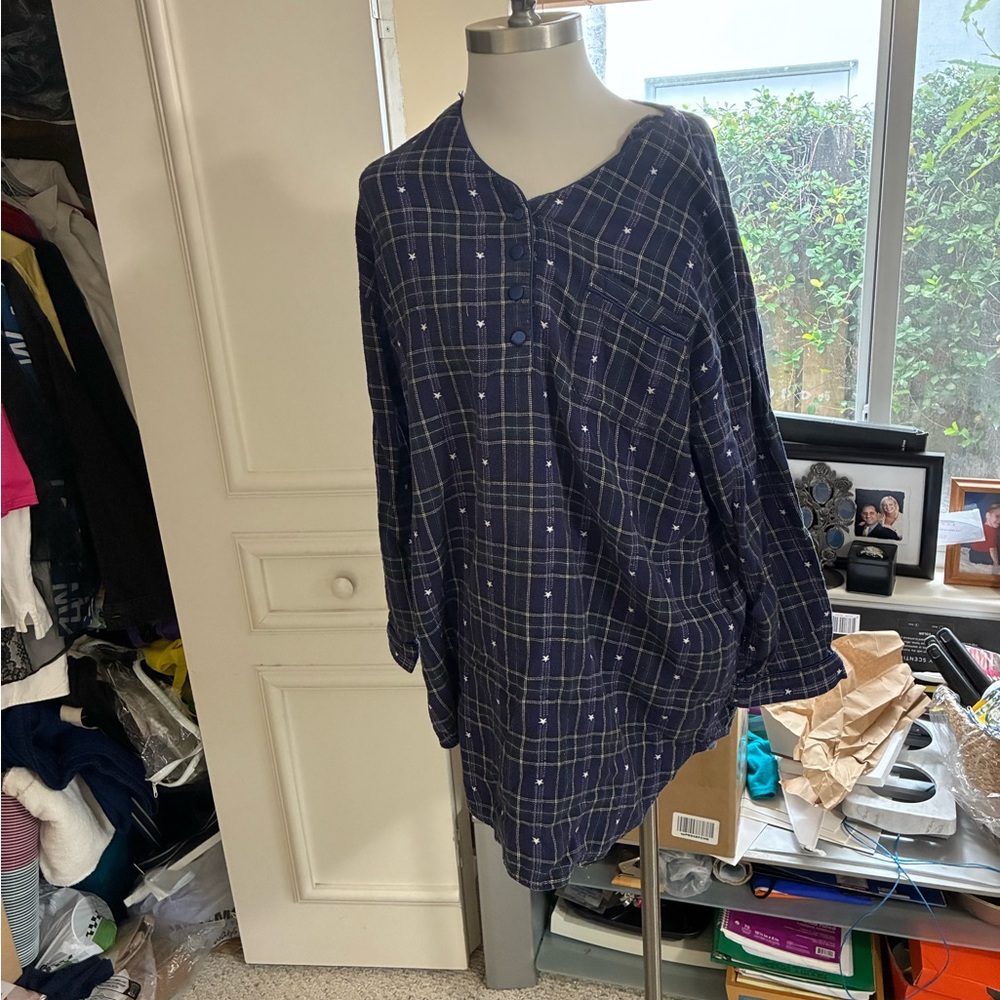 Womens Age Group Intimates Blue Plaid Long Sleeve Shirt.